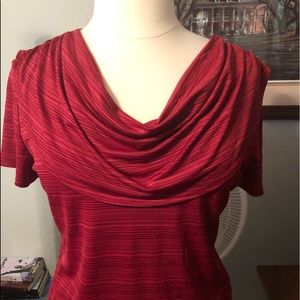Red blouse with cowl neckline